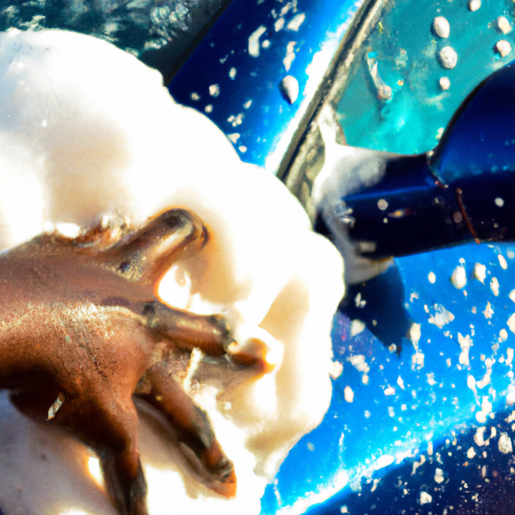 Foam cannon cleaning a blue sedan