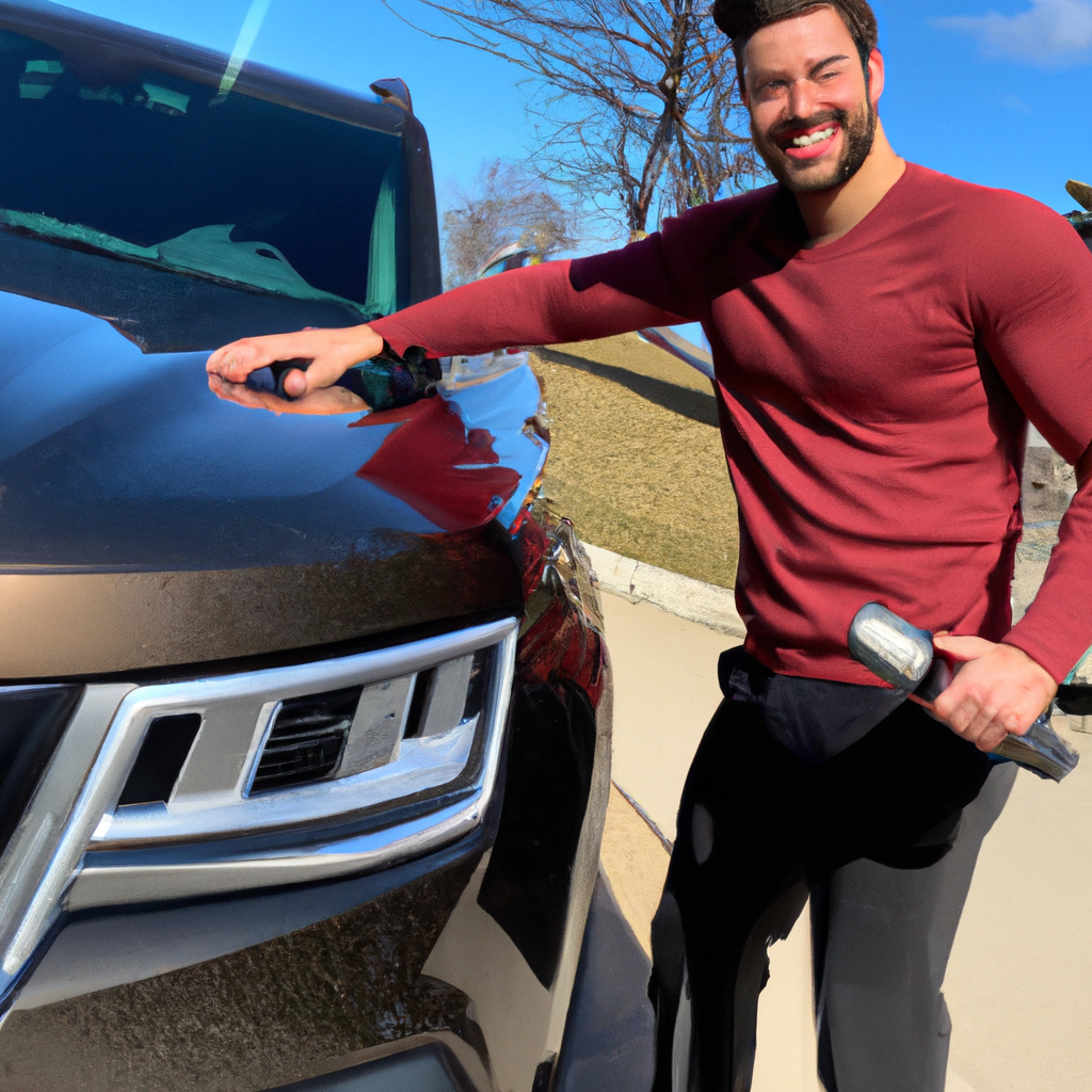 Certified detailing technician with polisher next to luxury SUV in a Canadian driveway