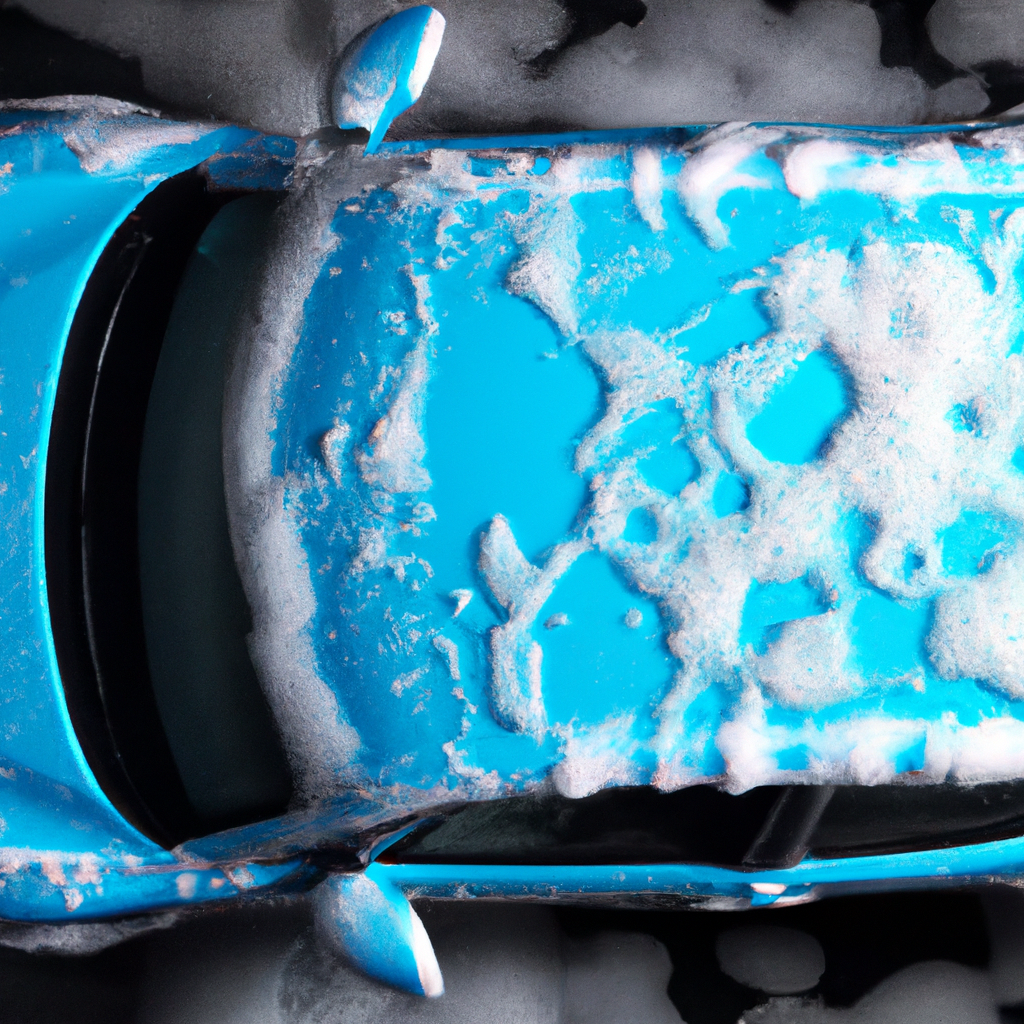 Pristine car covered in foam, top view, glossy blue paint in a detailing studio